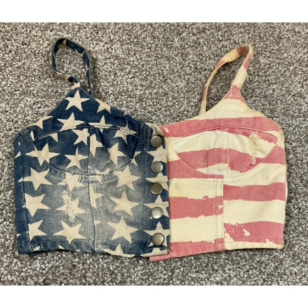 36point5 Distressed Denim American Flag Snap Front Bustier Corset Halter Top Sm